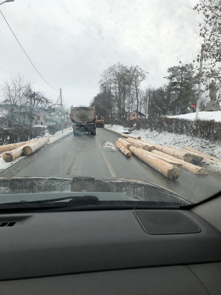 На Прикарпатті з лісовоза на дорогу посипалися дерев’яні колоди (ФОТО, ОНОВЛЕНО)