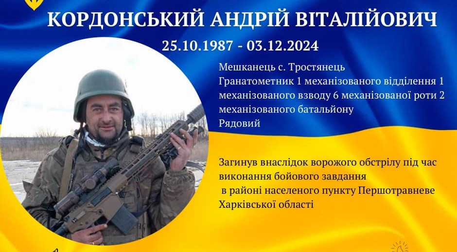 На Харківщині загинув військовослужбовець  Андрій Кордонський з Долинської громади